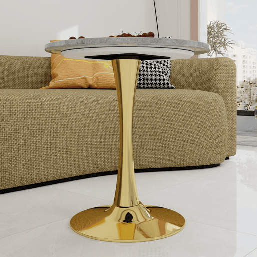 Mesa de jantar redonda 70 cm - Estilo mid-century, mármore cinzento veado, 2-4 pessoas - Dourado