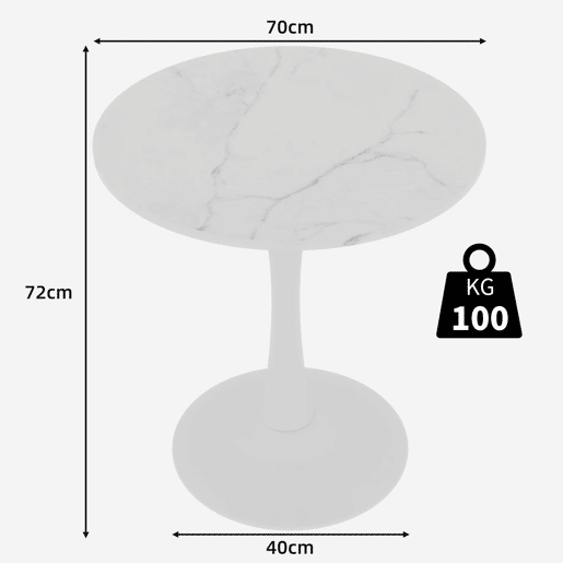 Mesa de café 70 cm - estilo mid-century, tampo redondo em mármore branco, para 2-4 pessoas - Branco