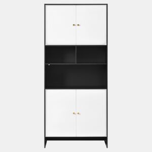 Aparador 80x40x185 cm - 4 portas 3 prateleiras abertas em madeira - Branco e Preto