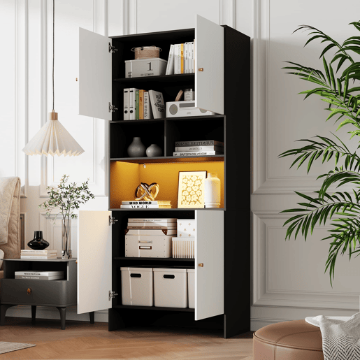Aparador 80x40x185 cm - 4 portas 3 prateleiras abertas em madeira - Branco e Preto