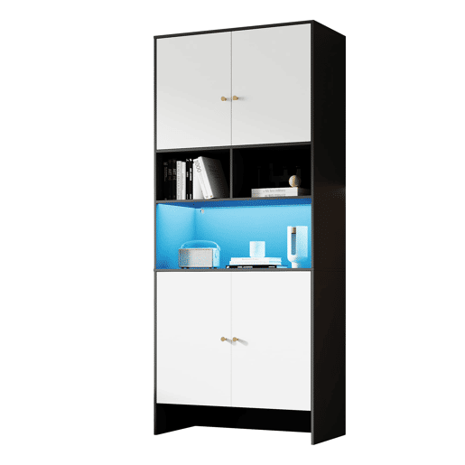 Aparador 80x40x185 cm - 4 portas 3 prateleiras abertas em madeira - Branco e Preto