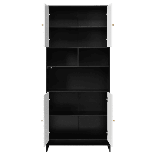 Aparador 80x40x185 cm - 4 portas 3 prateleiras abertas em madeira - Branco e Preto