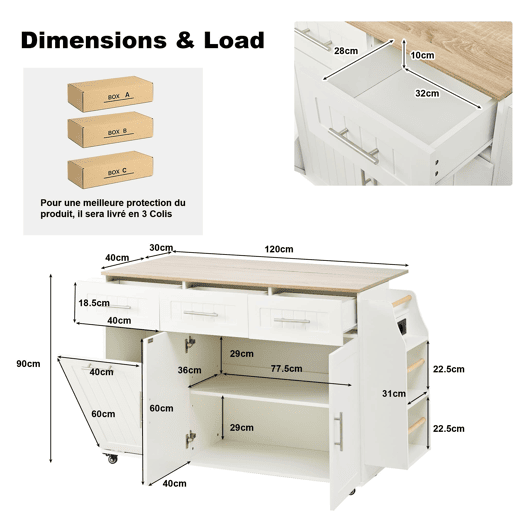 Ilha de cozinha móvel 135x40 cm - Extensível, com tabuleiro e espaço para lixo, rodas, tomadas - Branco