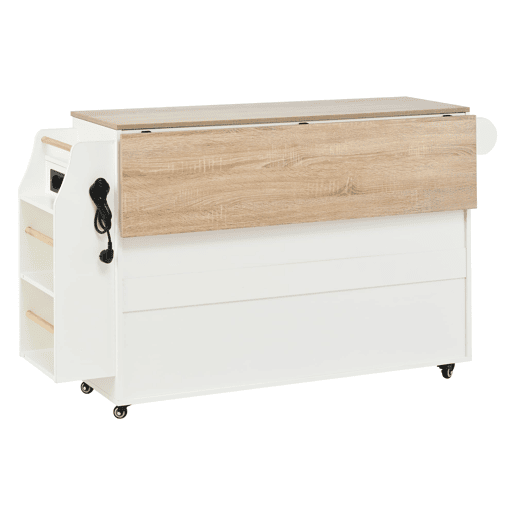 Ilha de cozinha móvel 135x40 cm - Extensível, com tabuleiro e espaço para lixo, rodas, tomadas - Branco