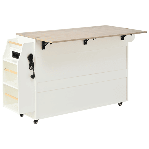 Ilha de cozinha móvel 135x40 cm - Extensível, com tabuleiro e espaço para lixo, rodas, tomadas - Branco