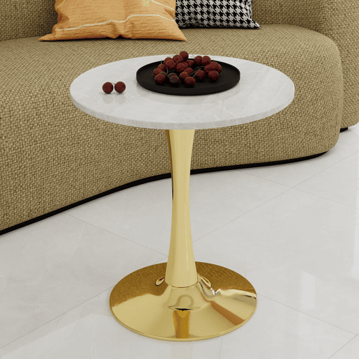 Mesa de centro 70 cm - estilo mid-century, tampo redondo em mármore - dourado e branco