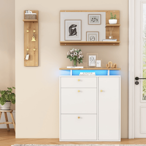 Conjunto de hall de entrada 105x25x151,5 cm - 3 peças com espelho, LED e ganchos - BrancoNatural