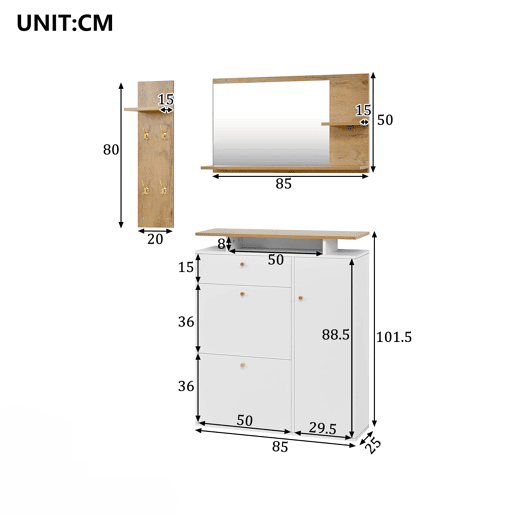 Conjunto de hall de entrada 105x25x151,5 cm - 3 peças com espelho, LED e ganchos - BrancoNatural