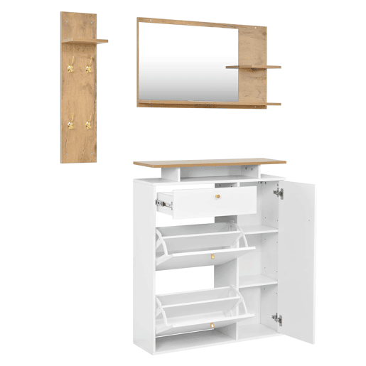 Conjunto de hall de entrada 105x25x151,5 cm - 3 peças com espelho, LED e ganchos - BrancoNatural