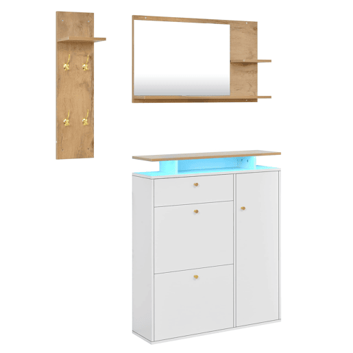 Conjunto de hall de entrada 105x25x151,5 cm - 3 peças com espelho, LED e ganchos - BrancoNatural