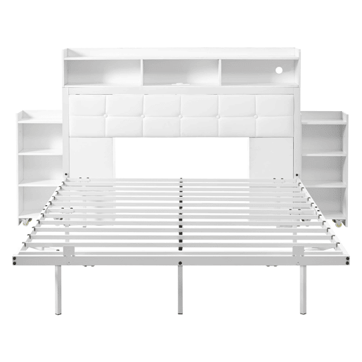 Cama de casal 140x190 cm - Cabeceira, mesas de cabeceira removíveis, LED, USBType-C - Branco