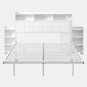 Cama de casal 140x190 cm - Cabeceira, mesas de cabeceira removíveis, LED, USBType-C - Branco