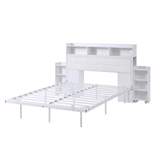 Cama de casal 140x190 cm - Cabeceira, mesas de cabeceira removíveis, LED, USBType-C - Branco