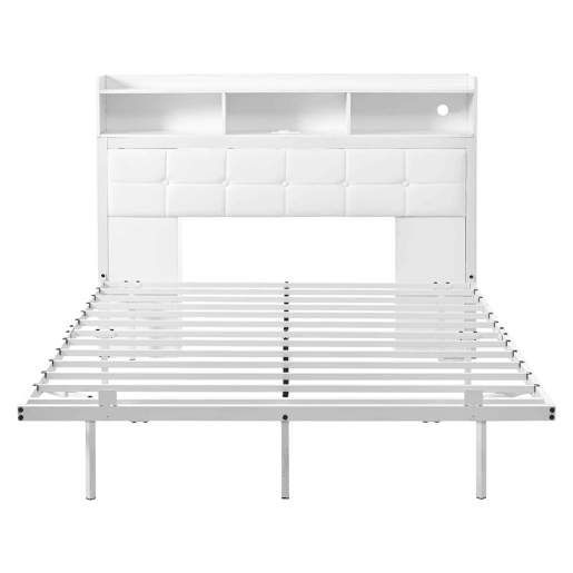 Cama de casal 140x190 cm - Cabeceira, mesas de cabeceira removíveis, LED, USBType-C - Branco