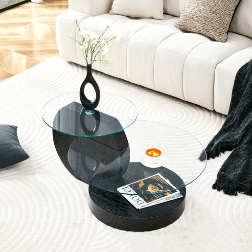 Mesa de centro com 2 níveis - Vidro de segurança, design minimalista, MDF preto + transparente