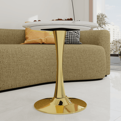 Mesa de centro 70 cm - estilo mid-century, mármore redondo, para 2-4 pessoas - douradobranco