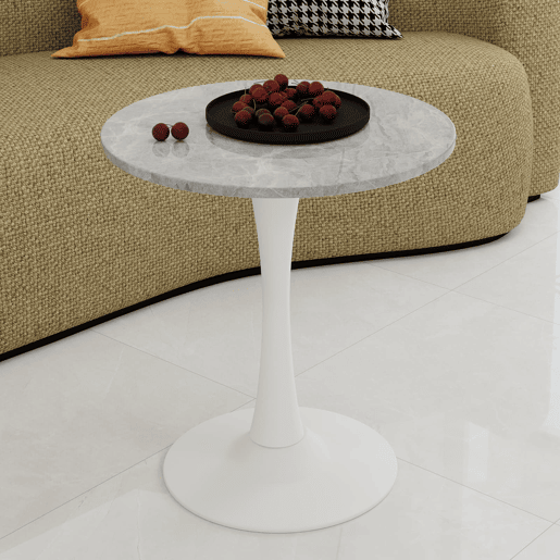 Mesa de centro 70 cm - estilo moderno vintage, tampo redondo em mármore cinza claro, branco