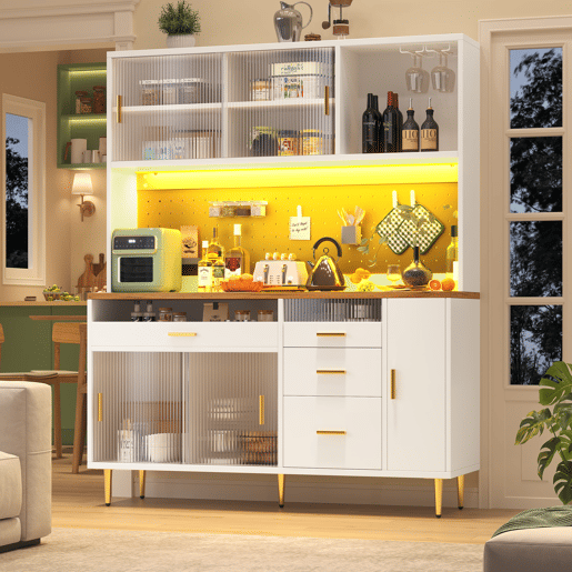 Armário alto para sala 145x24x171 cm - com LED e prateleiras tipo painel perfurado - Branco Armário alto para sala 145x24x171 cm - com LED e prateleiras tipo painel perfurado - Branco