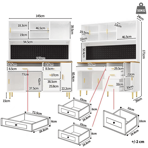 Armário alto para sala 145x24x171 cm - com LED e prateleiras tipo painel perfurado - Branco Armário alto para sala 145x24x171 cm - com LED e prateleiras tipo painel perfurado - Branco