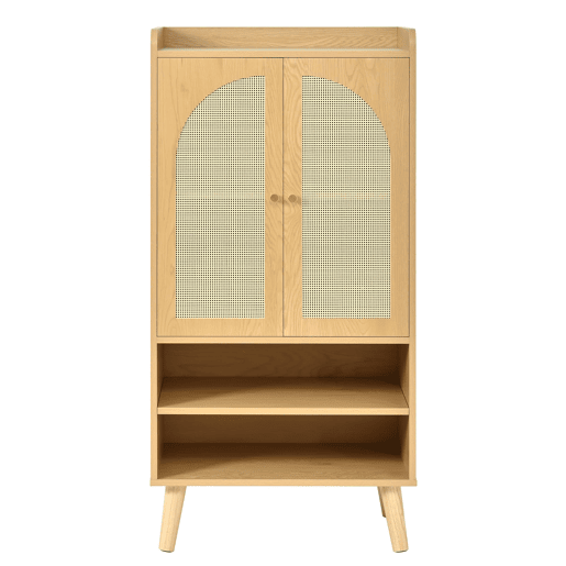 Aparador 60x40x121 cm - 2 portas de rattan, 2 compartimentos abertos, madeira - Natural Aparador 60x40x121 cm - 2 portas de rattan, 2 compartimentos abertos, madeira - Natural