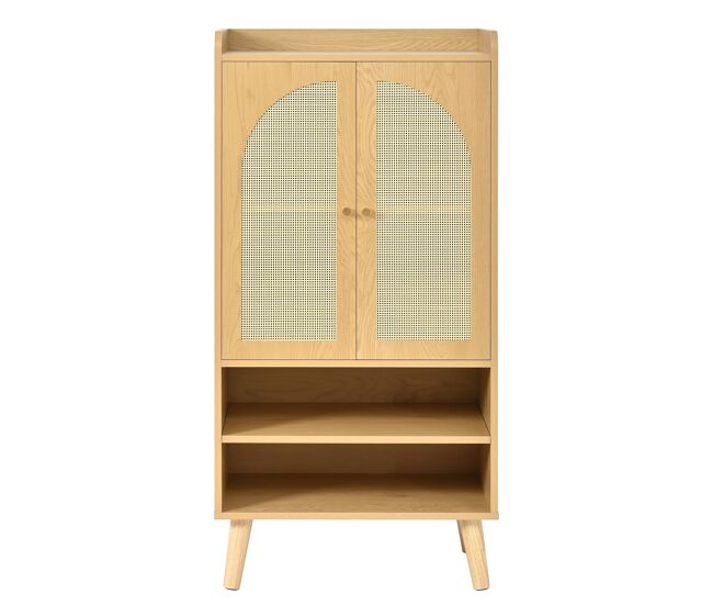 Aparador 60x40x121 cm - 2 puertas de ratán, 2 compartimentos abiertos, madera - natural