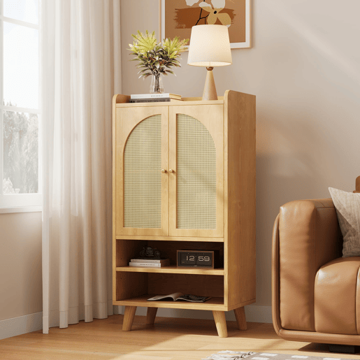Aparador 60x40x121 cm - 2 portas de rattan, 2 compartimentos abertos, madeira - Natural Aparador 60x40x121 cm - 2 portas de rattan, 2 compartimentos abertos, madeira - Natural