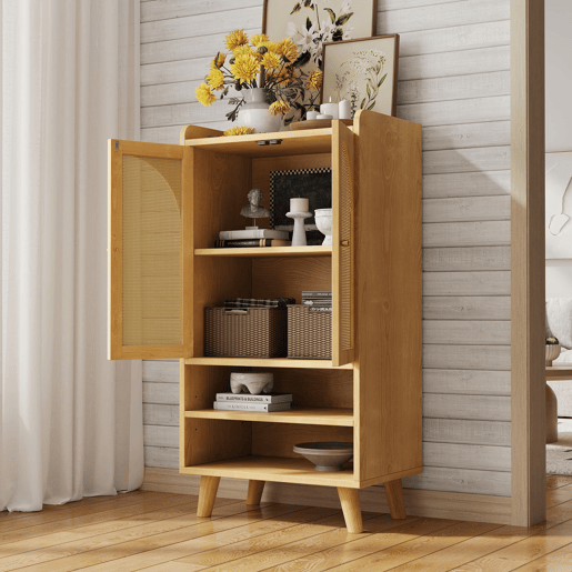 Aparador 60x40x121 cm - 2 portas de rattan, 2 compartimentos abertos, madeira - Natural Aparador 60x40x121 cm - 2 portas de rattan, 2 compartimentos abertos, madeira - Natural