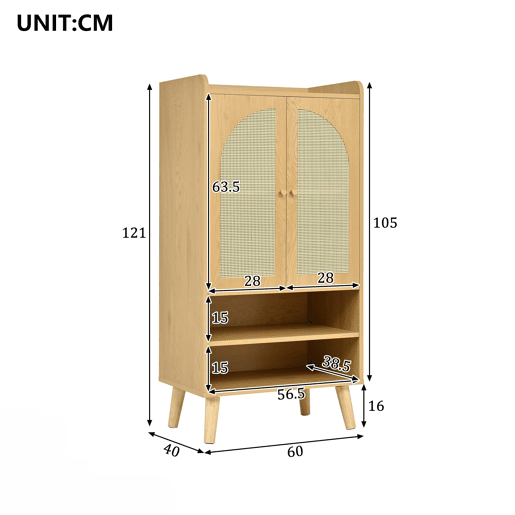 Aparador 60x40x121 cm - 2 portas de rattan, 2 compartimentos abertos, madeira - Natural Aparador 60x40x121 cm - 2 portas de rattan, 2 compartimentos abertos, madeira - Natural