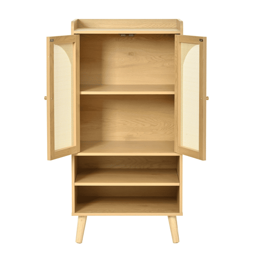 Aparador 60x40x121 cm - 2 portas de rattan, 2 compartimentos abertos, madeira - Natural Aparador 60x40x121 cm - 2 portas de rattan, 2 compartimentos abertos, madeira - Natural