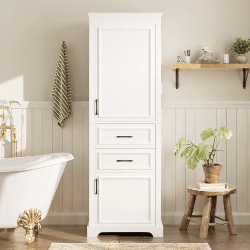 Armário alto de casa de banho 60x40x180 cm - 2 gavetas, prateleiras ajustáveis, fecho suave - branco