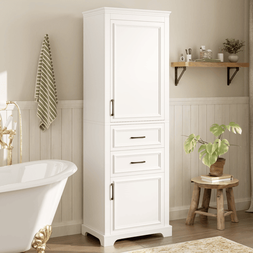 Armário alto de casa de banho 60x40x180 cm - 2 gavetas, prateleiras ajustáveis, fecho suave - branco