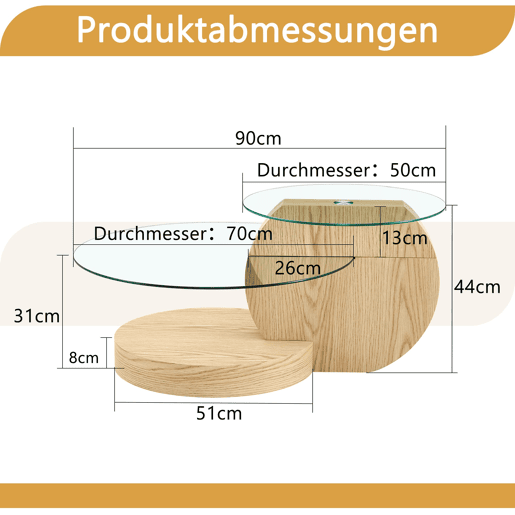 Mesa de centro com 2 níveis - vidro de segurança, estrutura em MDF, design minimalista - TransparenteMadeira