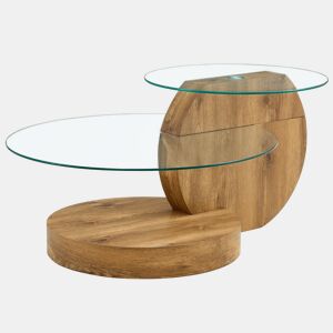 Mesa de centro de vidro temperado - design minimalista e camadas - MDF com textura de madeira - Transparente+Madeira