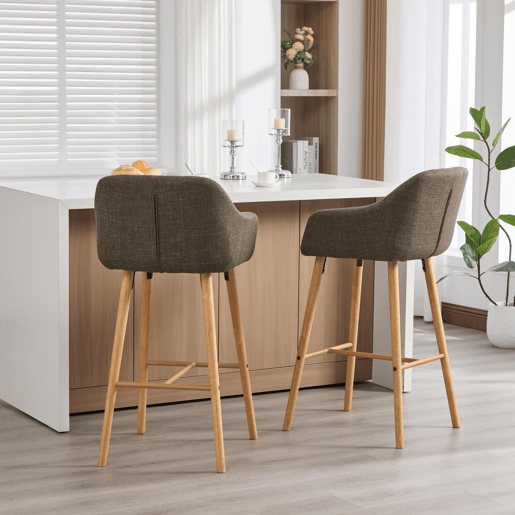Bancos altos de bar 2 unidades - Estilo europeu, encosto e braços, assento em linho - Verde