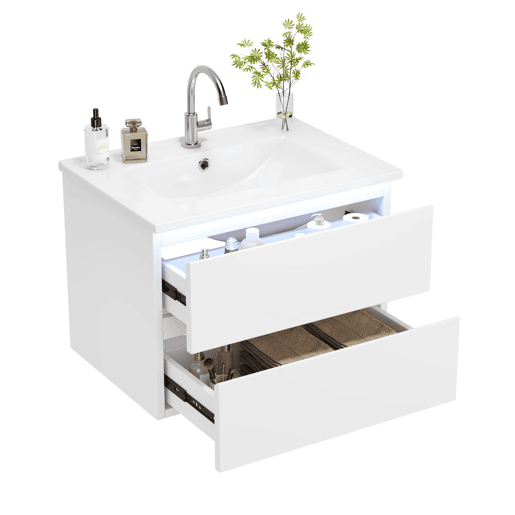 Móvel de casa de banho suspenso 61x46x45 cm - Sensor LED, 2 gavetas, lavatório integrado - Branco