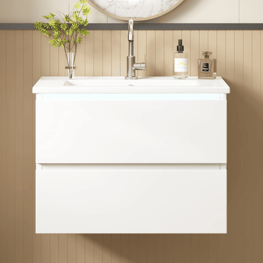 Móvel de casa de banho suspenso 61x46x45 cm - Sensor LED, 2 gavetas, lavatório integrado - Branco