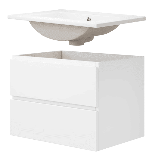 Móvel de casa de banho suspenso 61x46x45 cm - Sensor LED, 2 gavetas, lavatório integrado - Branco