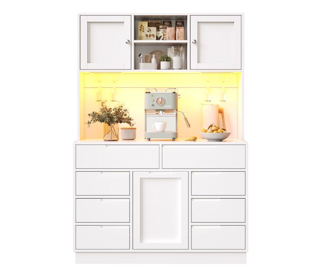 Armario alto moderno 120×40×183,5 cm - led, 8 cajones, usb, estantes ajustables - blanco