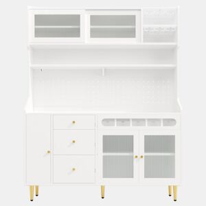 Armário alto para sala 145x39x171 cm - prateleiras ajustáveis, LED, gaveta com garrafeira - branco