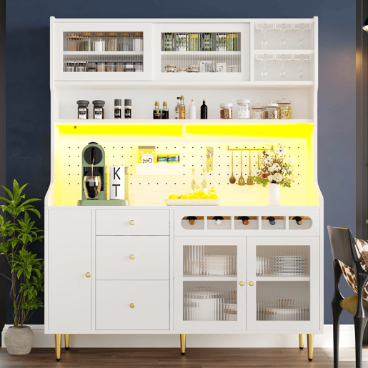 Armário alto para sala 145x39x171 cm - prateleiras ajustáveis, LED, gaveta com garrafeira - branco