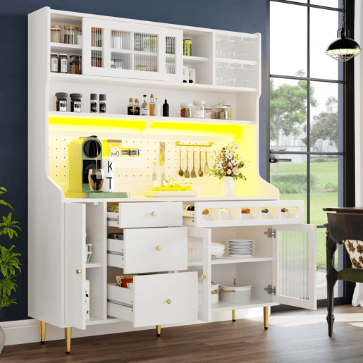 Armário alto para sala 145x39x171 cm - prateleiras ajustáveis, LED, gaveta com garrafeira - branco