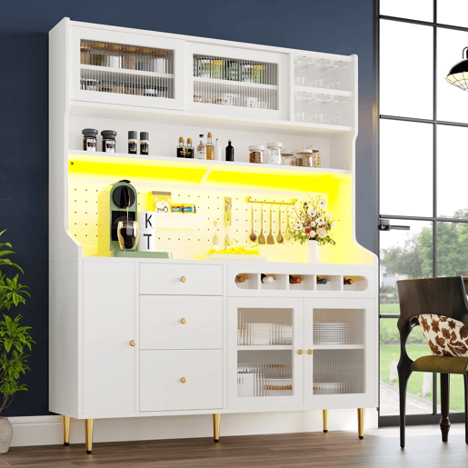 Armário alto para sala 145x39x171 cm - prateleiras ajustáveis, LED, gaveta com garrafeira - branco