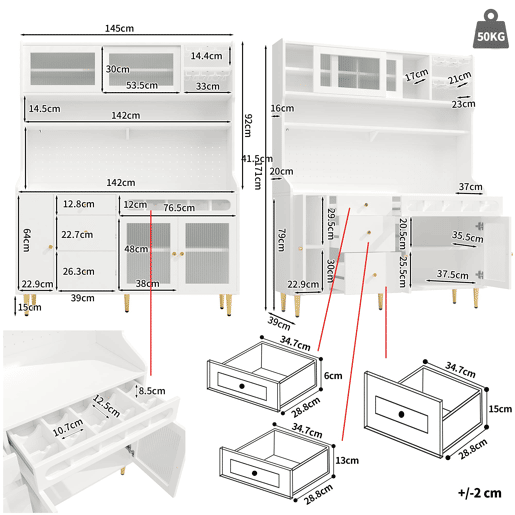 Armário alto para sala 145x39x171 cm - prateleiras ajustáveis, LED, gaveta com garrafeira - branco