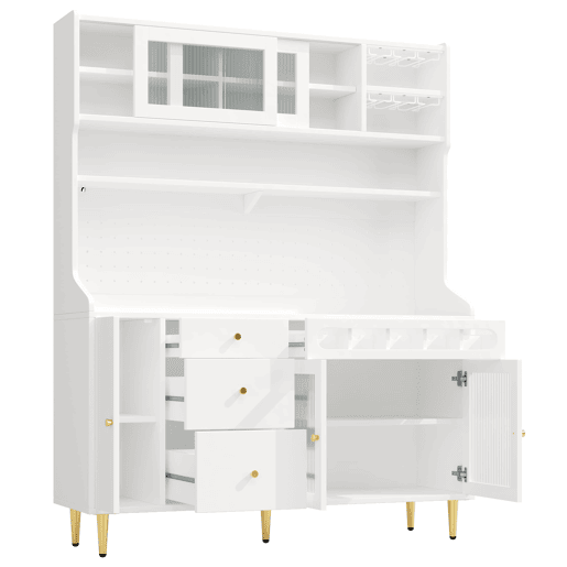 Armário alto para sala 145x39x171 cm - prateleiras ajustáveis, LED, gaveta com garrafeira - branco