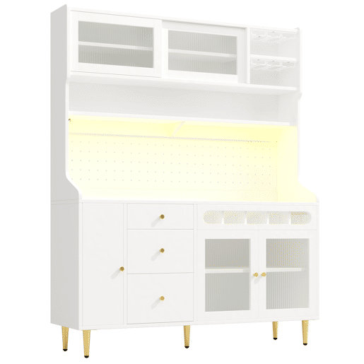 Armário alto para sala 145x39x171 cm - prateleiras ajustáveis, LED, gaveta com garrafeira - branco
