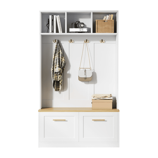 Armário compacto 105x40x180 cm - banco, arrumação aberta, 2 portas, 4 ganchos - Natural+Branco