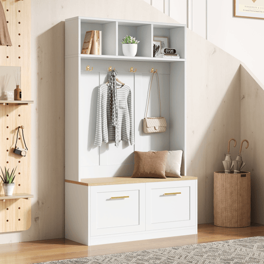 Armário compacto 105x40x180 cm - banco, arrumação aberta, 2 portas, 4 ganchos - Natural+Branco
