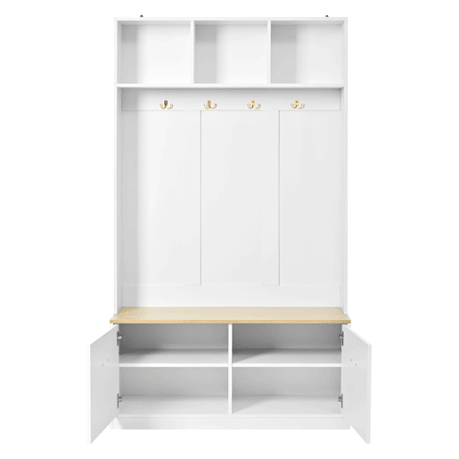 Armário compacto 105x40x180 cm - banco, arrumação aberta, 2 portas, 4 ganchos - Natural+Branco