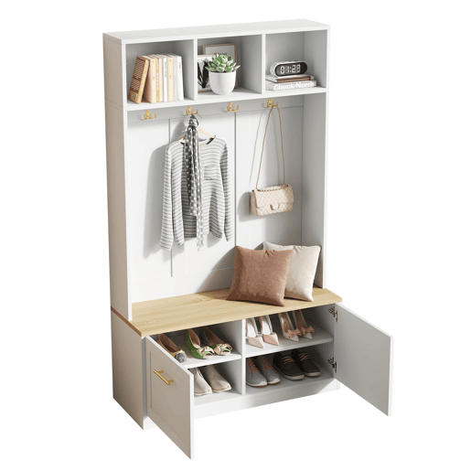 Armário compacto 105x40x180 cm - banco, arrumação aberta, 2 portas, 4 ganchos - Natural+Branco