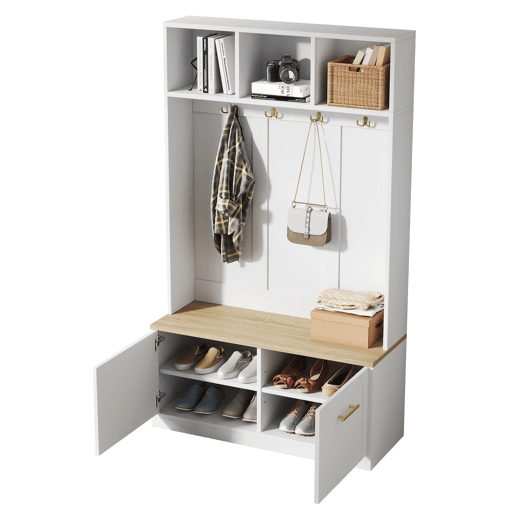 Armário compacto 105x40x180 cm - banco, arrumação aberta, 2 portas, 4 ganchos - Natural+Branco